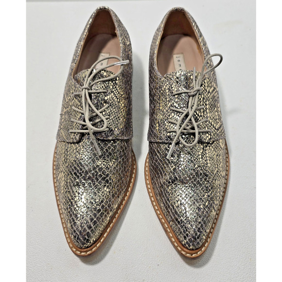 James Chan Gracie Embossed Snakeskin Lace-up Flats Metallic Pointed Toe 6 B - Picture 2 of 8